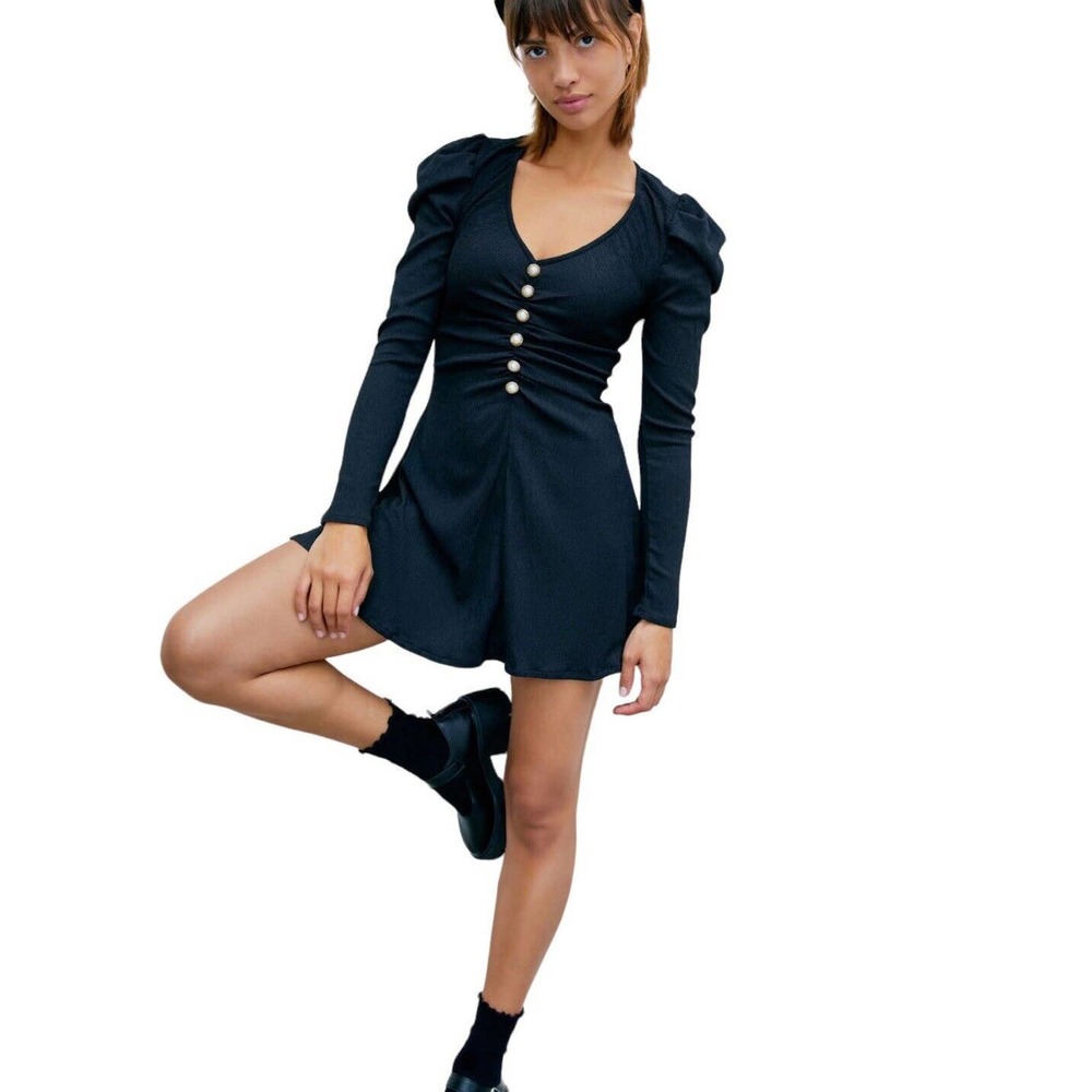NWT Cider Dress Black V Neck Ruched Faux Pearl Buttons Mini Dress Size XS NEW